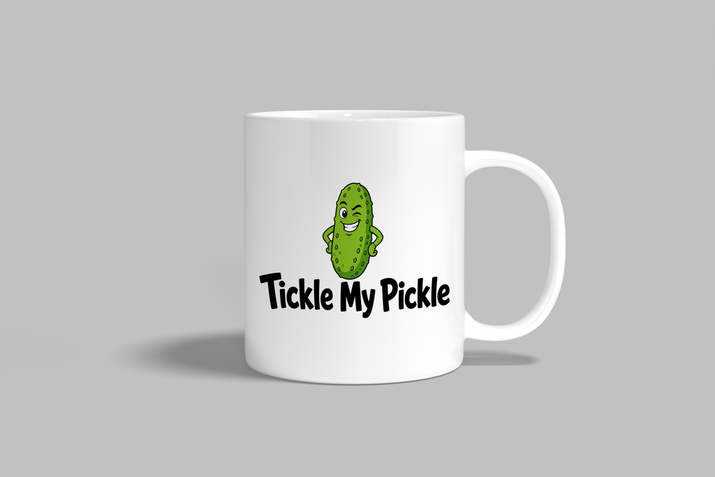Tickle My Pickle funny mug, white 11oz ceramic novelty gift, front view