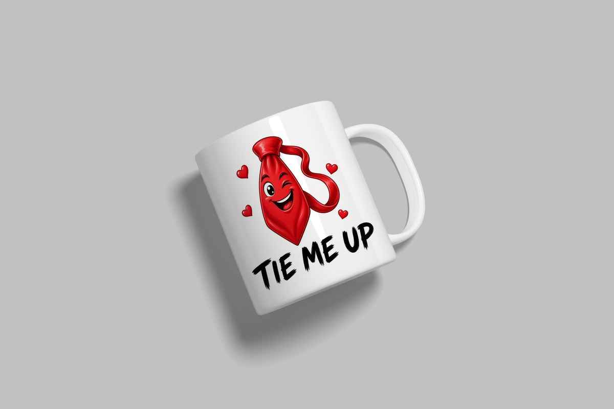 Tie Me Up funny mug, white 11oz ceramic novelty gift, angled side view