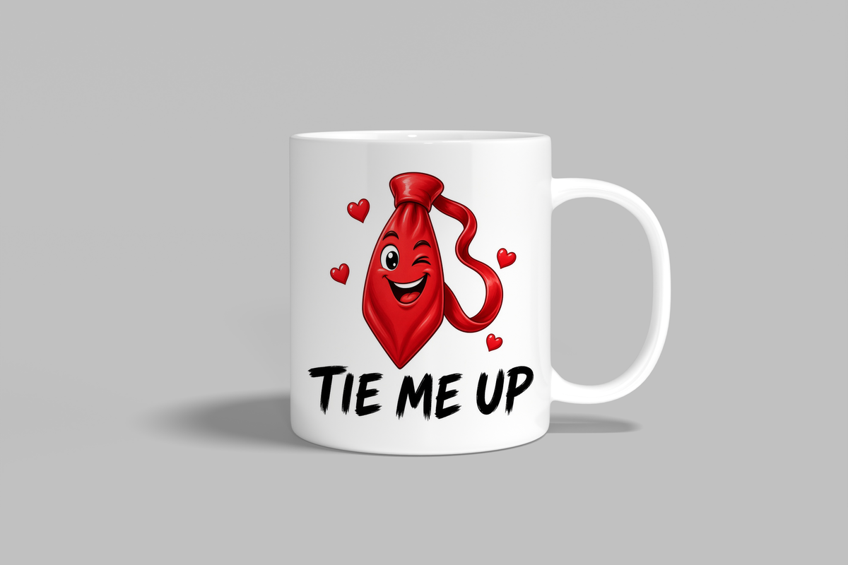 Tie Me Up funny mug, white 11oz ceramic novelty gift, front view