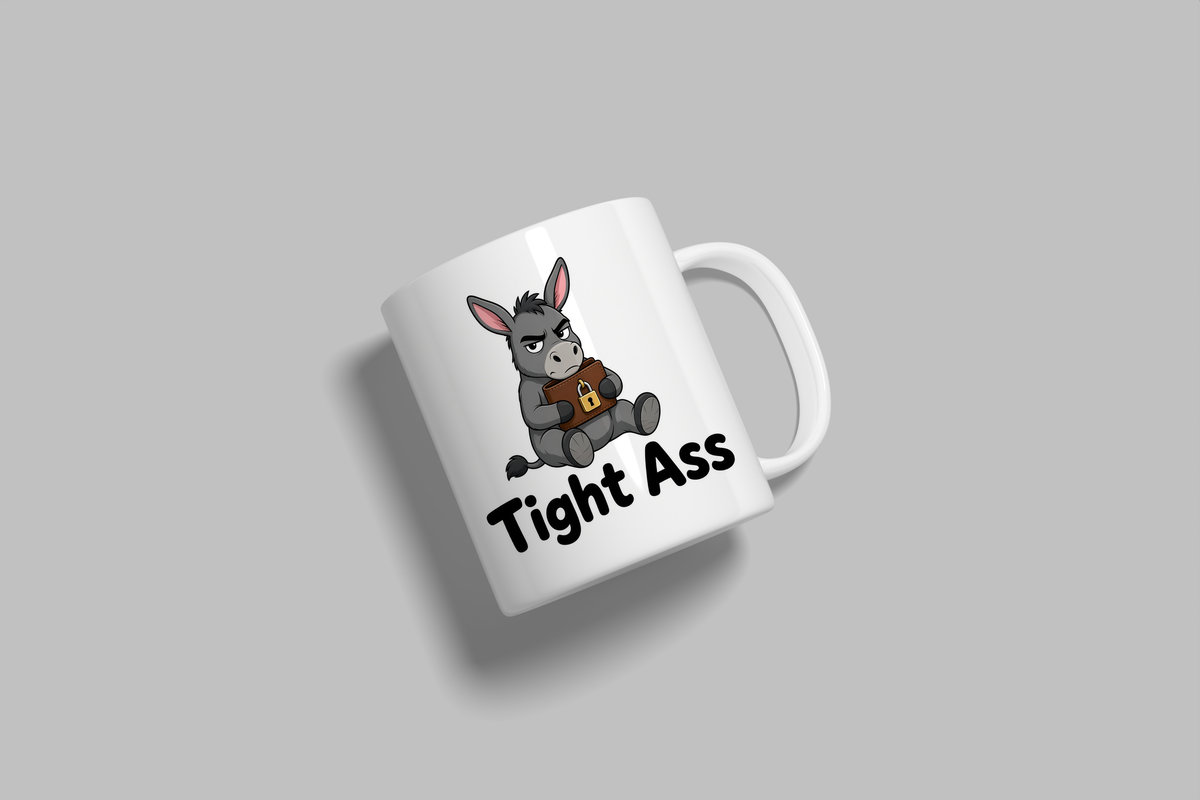 Tight Ass funny mug, white 11oz ceramic novelty gift, angled side view