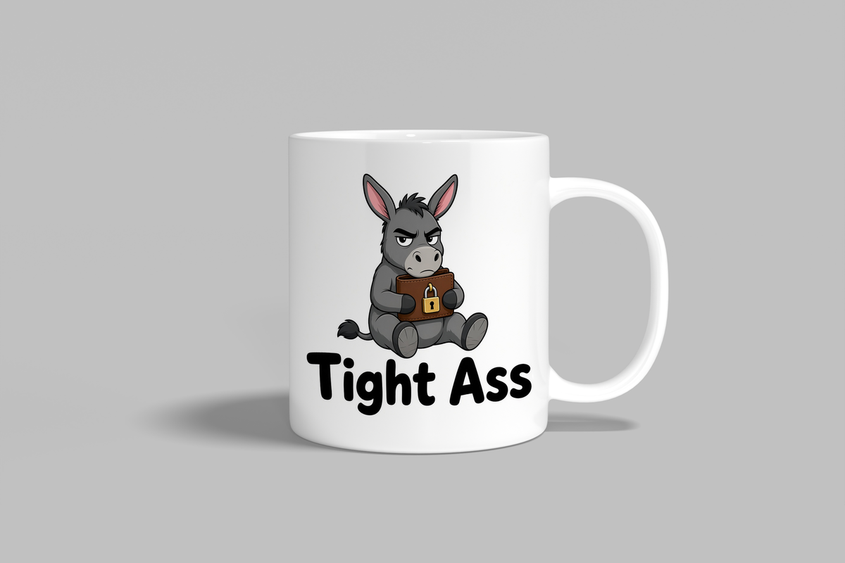 Tight Ass funny mug, white 11oz ceramic novelty gift, front view