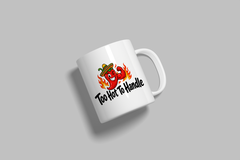 Too Hot To Handle funny mug, white 11oz ceramic novelty gift, angled side view