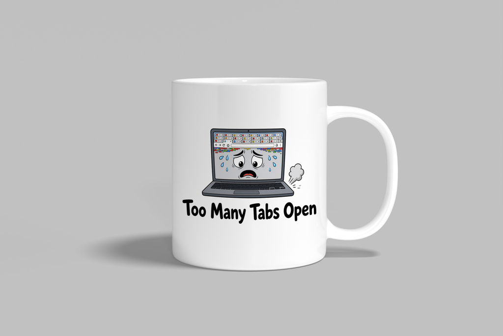 Too Many Tabs Open funny mug, white 11oz ceramic novelty gift, front view