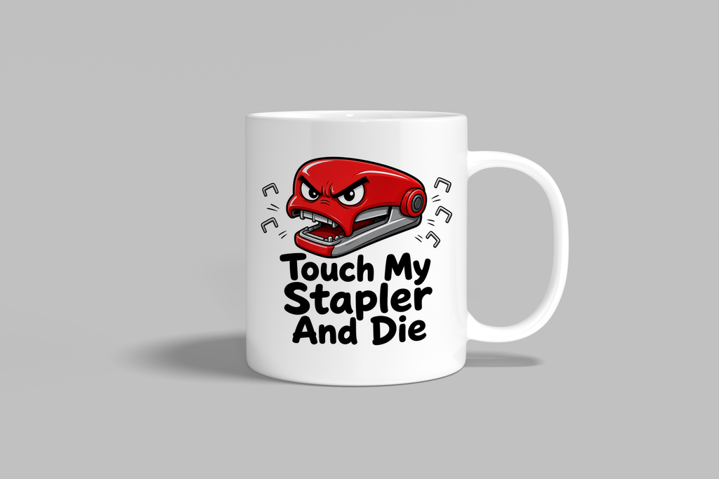 Touch My Stapler And Die funny mug, white 11oz ceramic novelty gift, front view