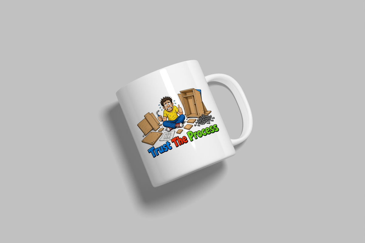 Trust The Process funny mug, white 11oz ceramic novelty gift, angled side view