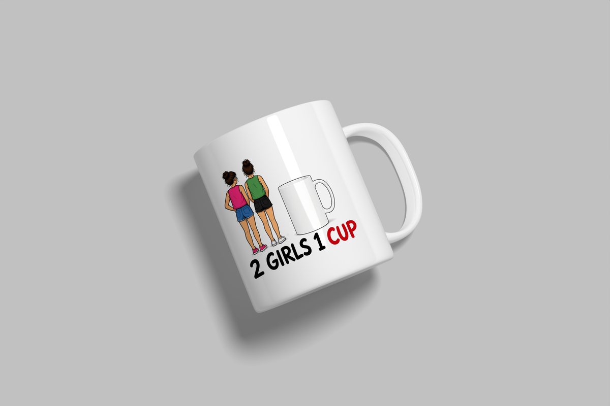 2 Girls 1 Cup funny mug, white 11oz ceramic novelty gift, angled side view