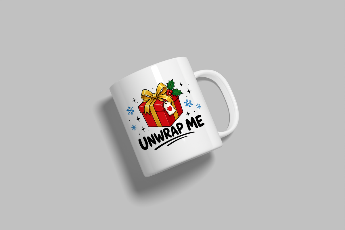 Unwrap Me funny mug, white 11oz ceramic novelty gift, angled side view
