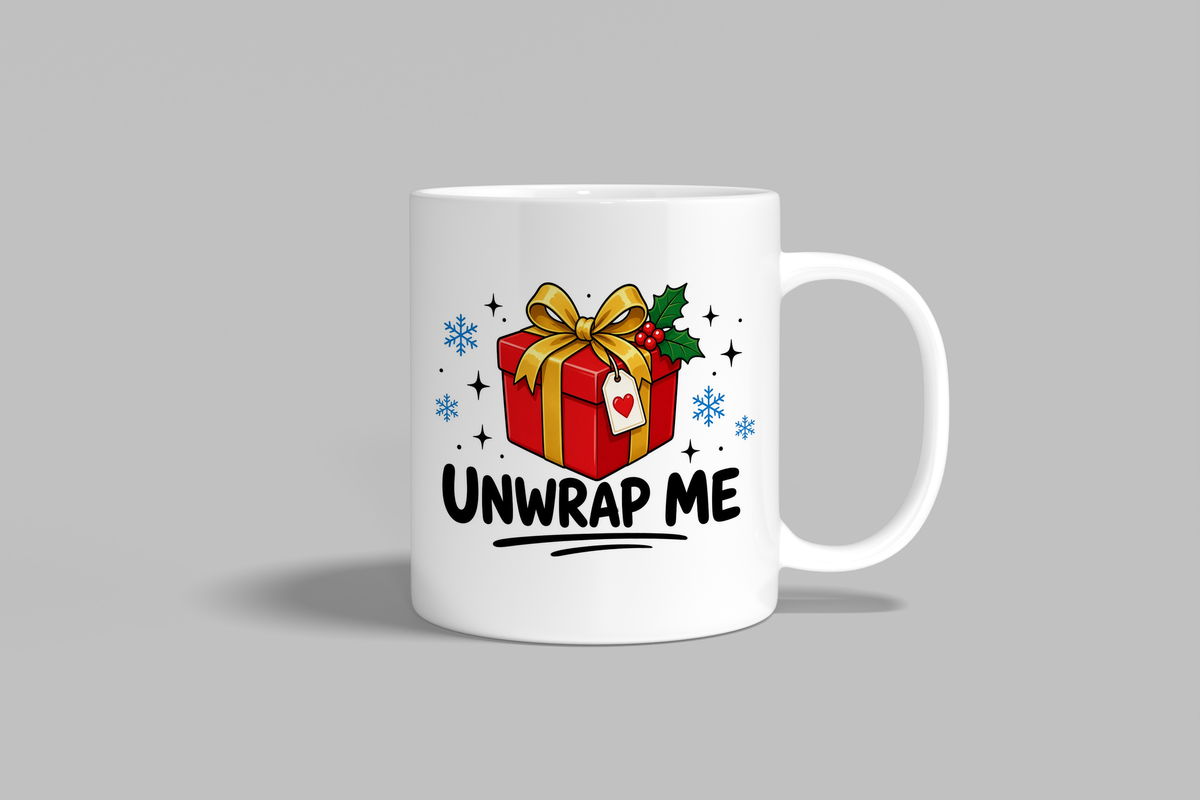 Unwrap Me funny mug, white 11oz ceramic novelty gift, front view