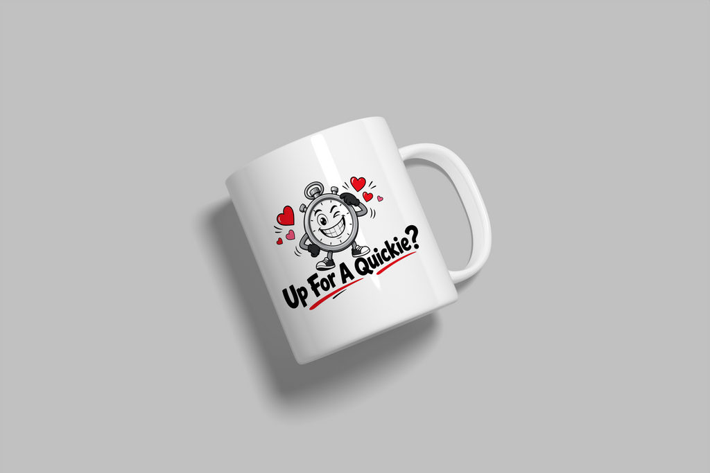 Up For A Quickie? funny mug, white 11oz ceramic novelty gift, angled side view