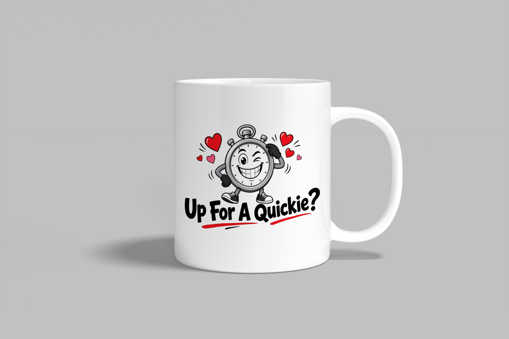 Up For A Quickie? funny mug, white 11oz ceramic novelty gift, front view