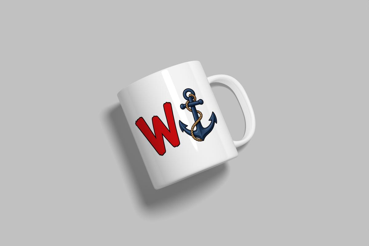 W Anchor funny mug, white 11oz ceramic novelty gift, angled side view