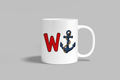 W Anchor funny mug, white 11oz ceramic novelty gift, front view