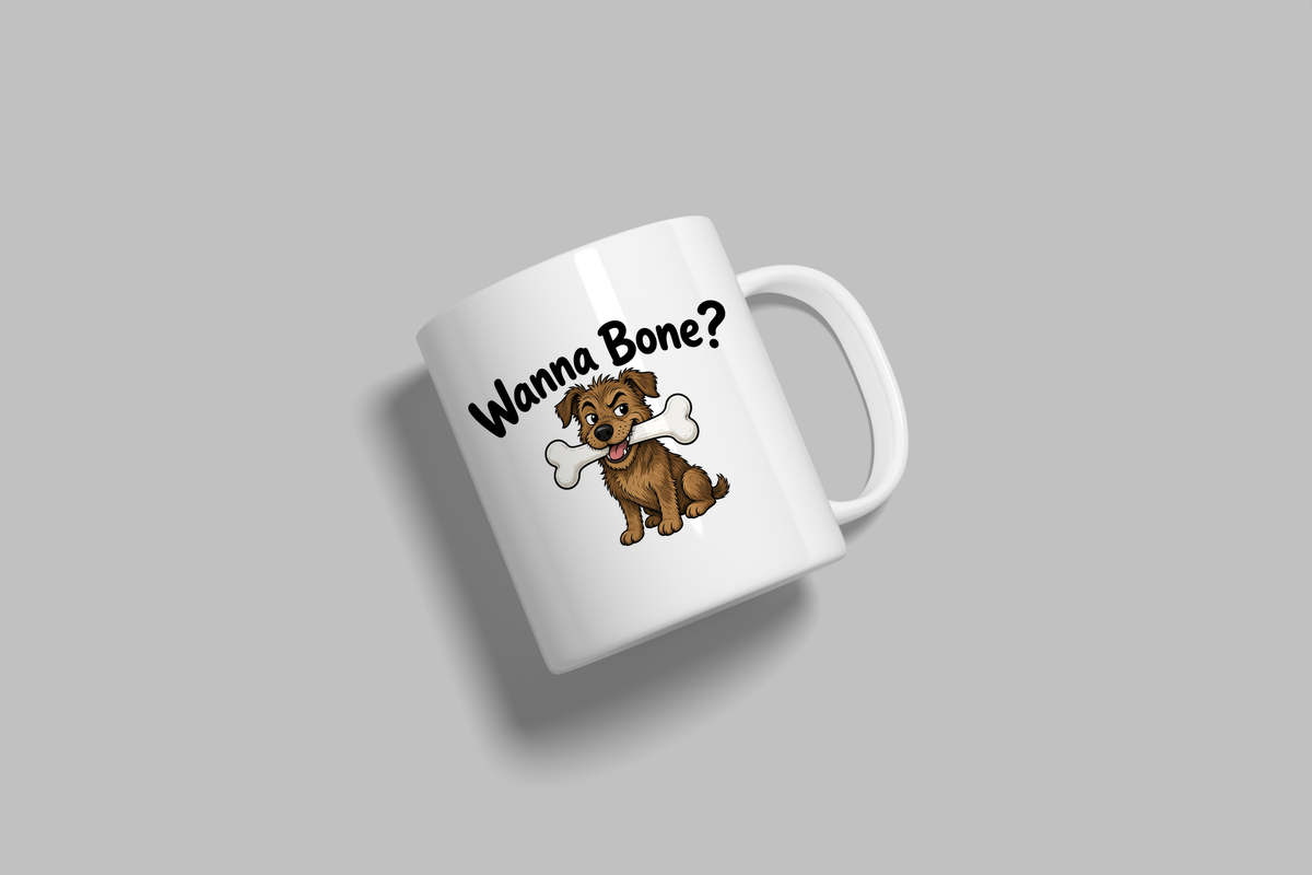 Wanna Bone? funny mug, white 11oz ceramic novelty gift, angled side view