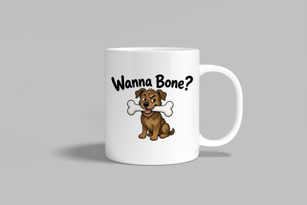 Wanna Bone? funny mug, white 11oz ceramic novelty gift, front view