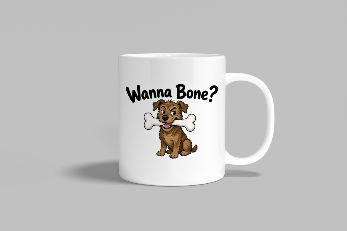 Wanna Bone? funny mug, white 11oz ceramic novelty gift, front view