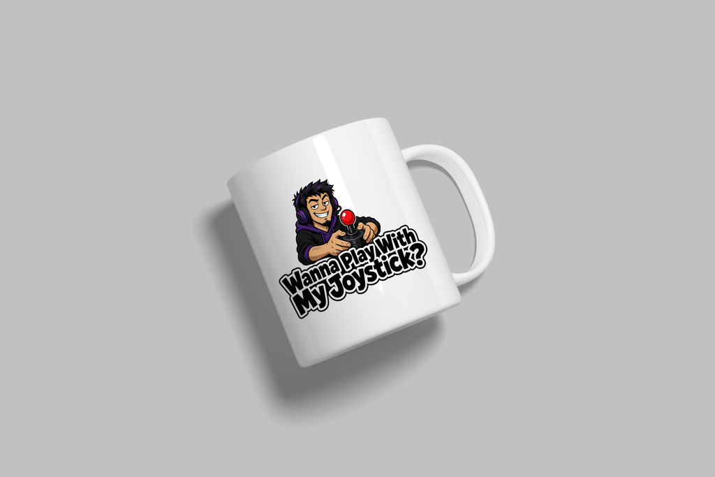 Wanna Play With My Joystick? funny mug, white 11oz ceramic novelty gift, angled side view