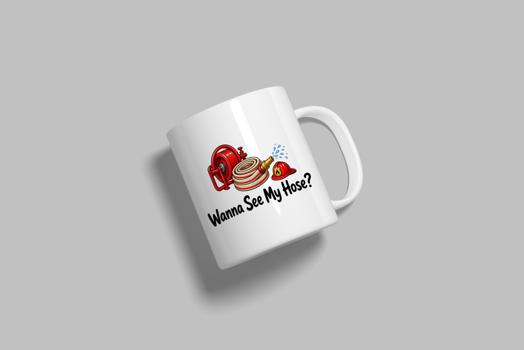 Wanna See My Hose? funny mug, white 11oz ceramic novelty gift, angled side view