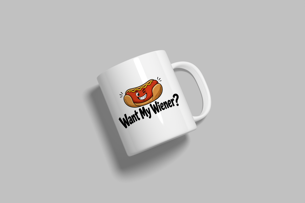 Want My Wiener? funny mug, white 11oz ceramic novelty gift, angled side view