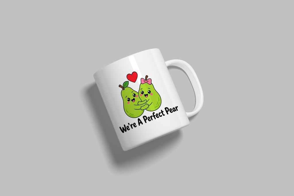 We're A Perfect Pear funny mug, white 11oz ceramic novelty gift, angled side view