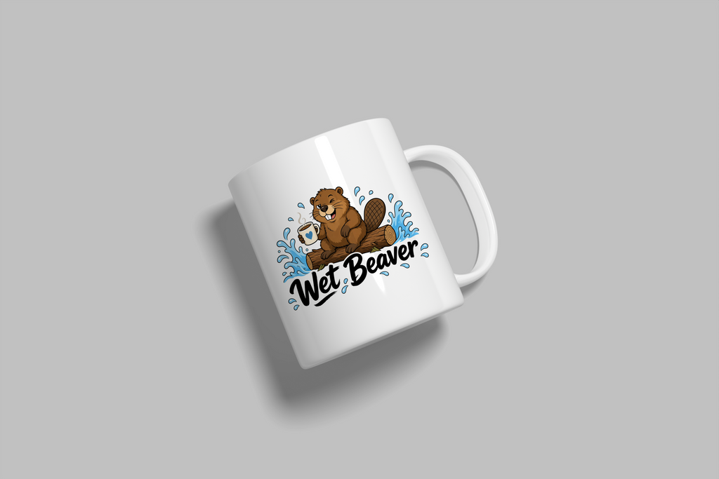 Wet Beaver funny mug, white 11oz ceramic novelty gift, angled side view