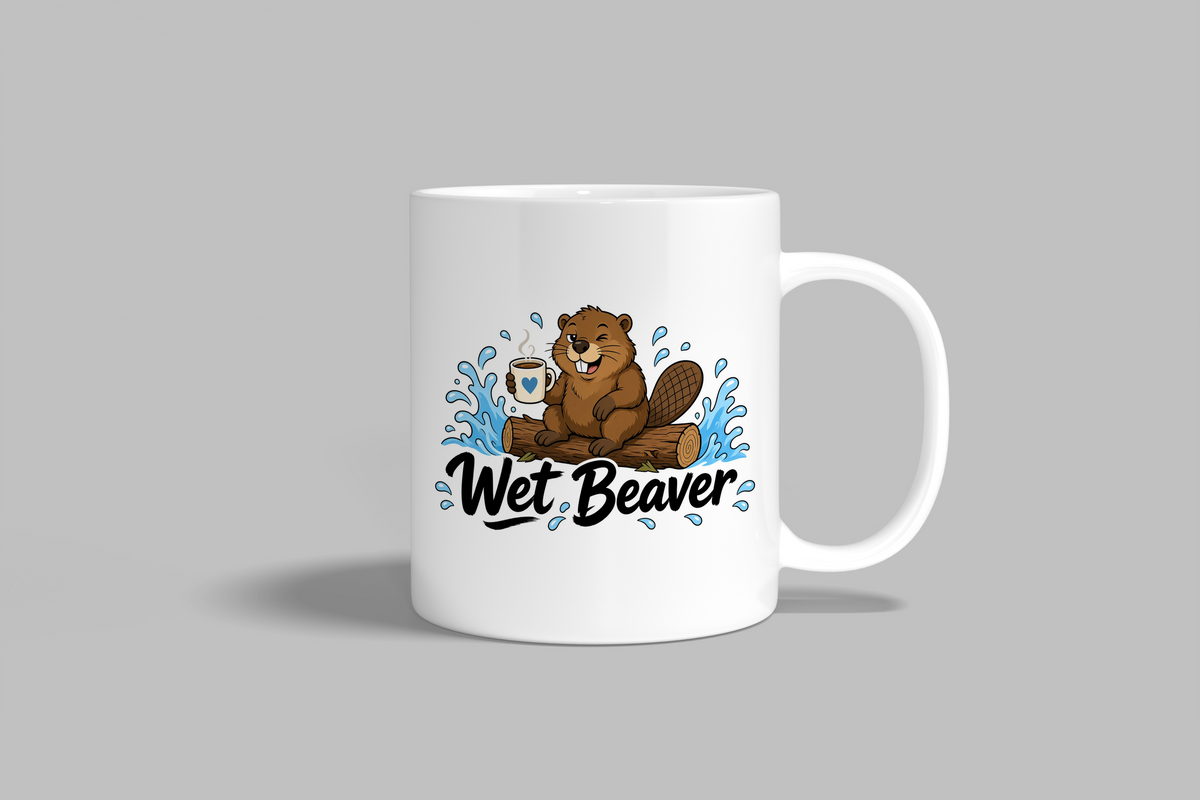 Wet Beaver funny mug, white 11oz ceramic novelty gift, front view