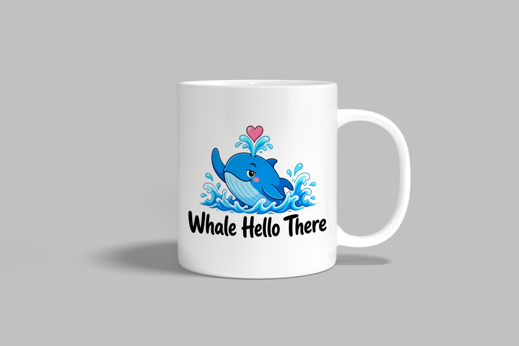 Whale Hello There funny mug, white 11oz ceramic novelty gift, front view