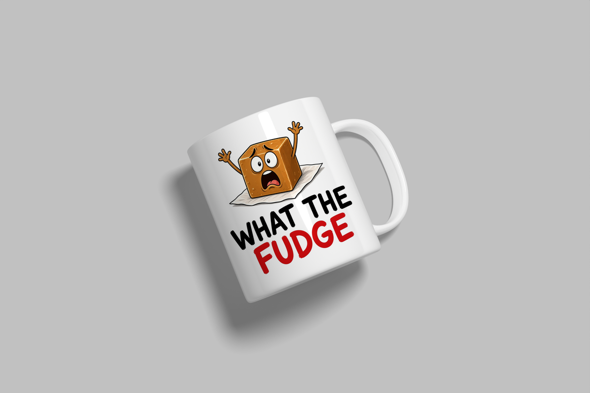 What The Fudge funny mug, white 11oz ceramic novelty gift, angled side view