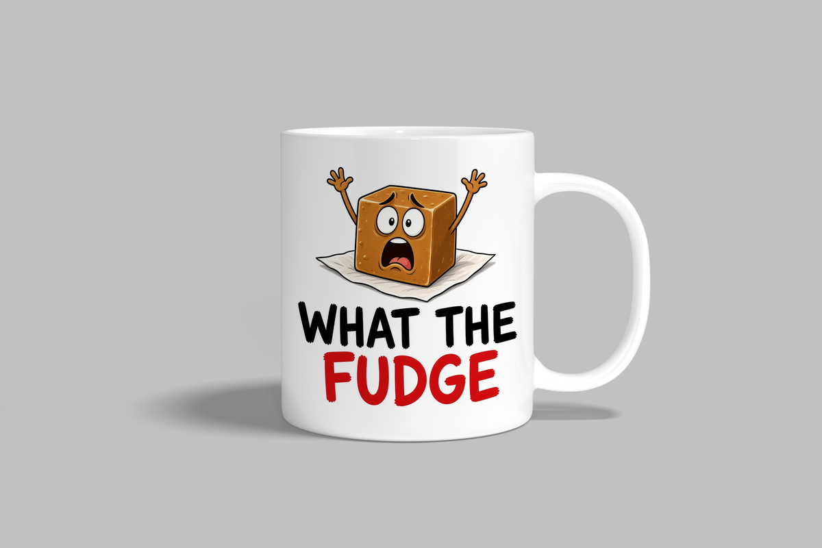 What The Fudge funny mug, white 11oz ceramic novelty gift, front view