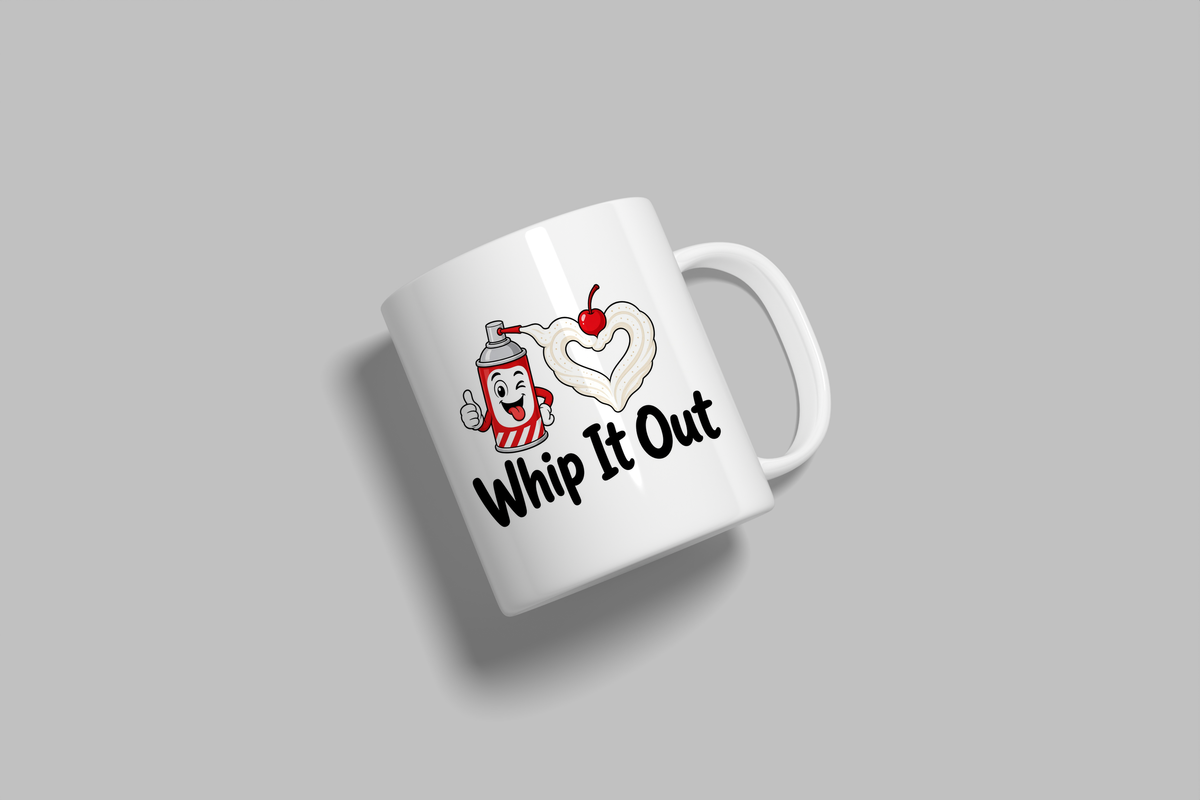 Whip It Out funny mug, white 11oz ceramic novelty gift, angled side view