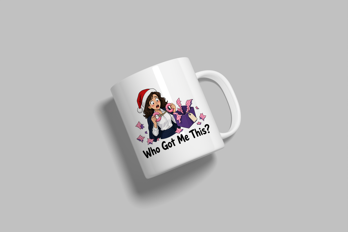 Who Got Me This? funny mug, white 11oz ceramic novelty gift, angled side view