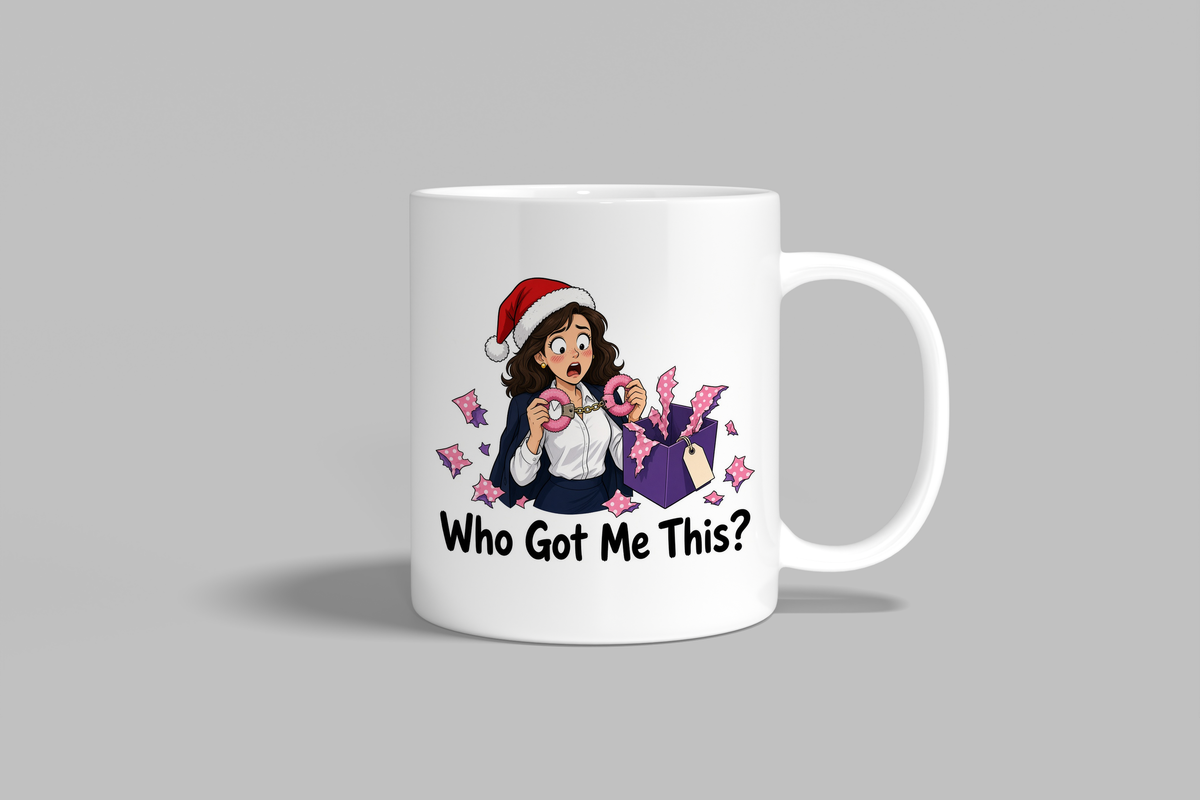 Who Got Me This? funny mug, white 11oz ceramic novelty gift, front view