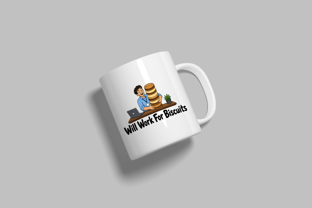 Will Work For Biscuits funny mug, white 11oz ceramic novelty gift, angled side view