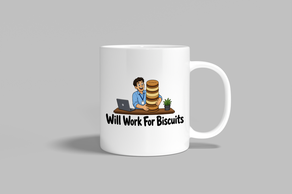 Will Work For Biscuits funny mug, white 11oz ceramic novelty gift, front view