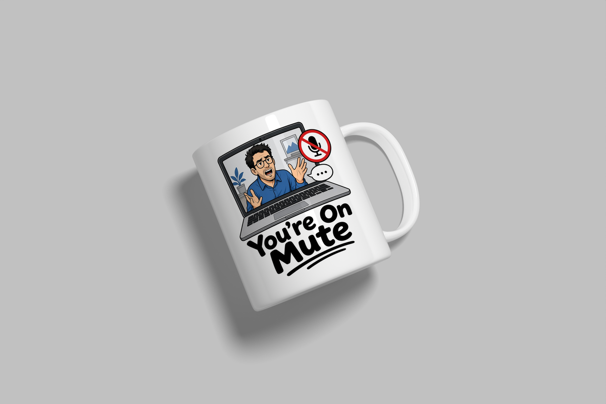 You're On Mute funny mug, white 11oz ceramic novelty gift, angled side view