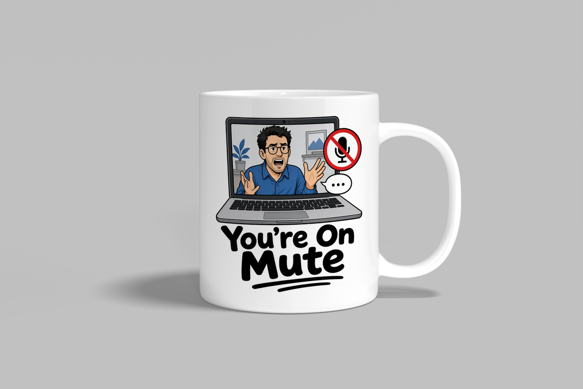 You're On Mute funny mug, white 11oz ceramic novelty gift, front view